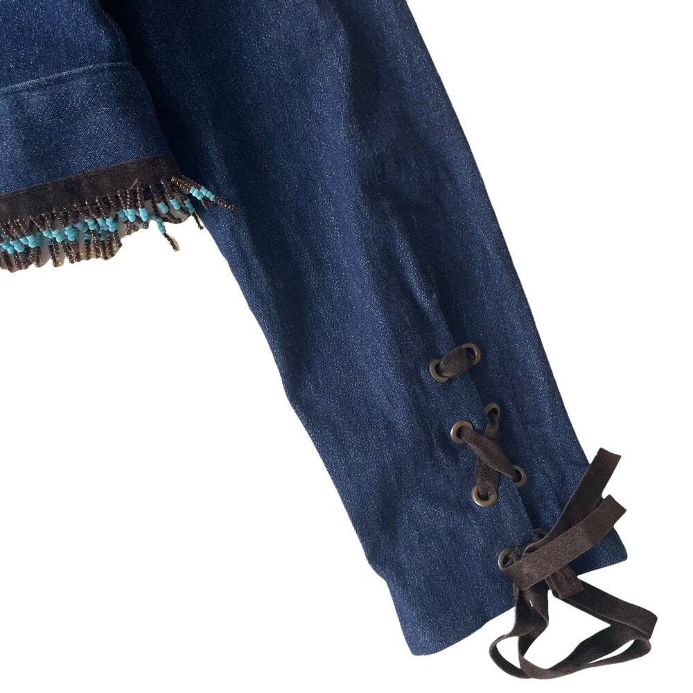 Vintage 1990s Cache Jean Jacket Beaded Fringe Lace Up Southwest 4 EUC - Picture 6 of 13